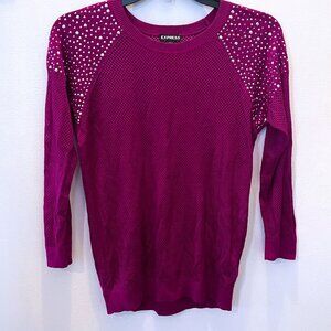 Express Magenta Sweater Mesh Rhinestones Studded Size S